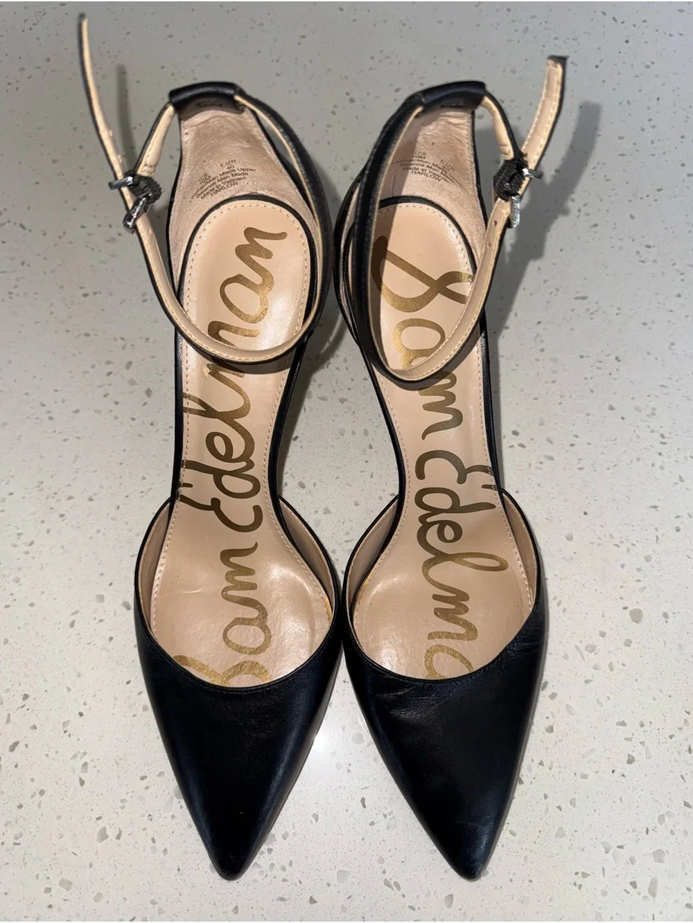Sam Edelman Black Leather Pointed Ankle-Strap Stilettos